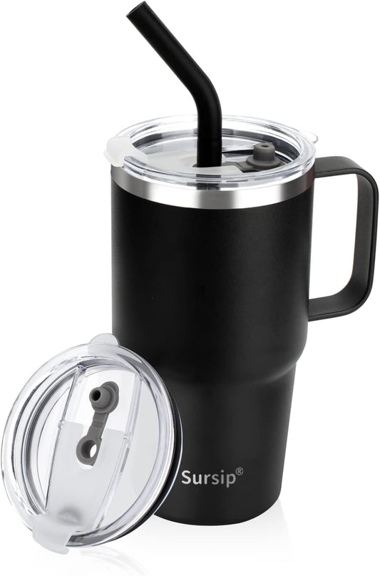 Sursip Insulated Coffee Mug with Handle and Lid, 24 oz Double Wall Vacuum Travel Thermal Coffee Tumbler with Straw for Home, Office Stainless Steel Coffee Cup - Leak proof, BPA Free (Black-1 Pack)