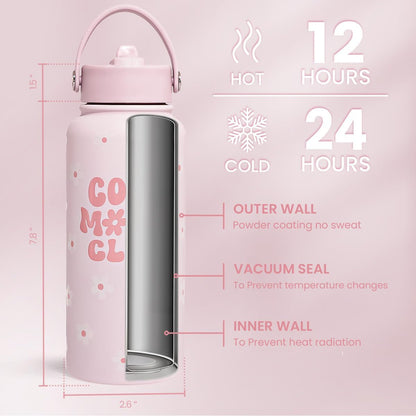 SANDJEST Pickleball Gift for Women, Water Bottle Stainless Steel 32oz with Lid & Straw, Sport Insulated Bottles Gifts for Girls Friends Teens Birthday Christmas