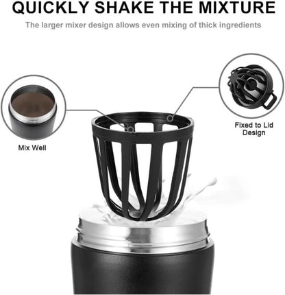 24oz Insulated Stainless Steel Protein Shaker Bottle with Extra Powder Storage, BPA-Free & Leakproof Shaker Cup, Removable Silent Mixing Strainer
