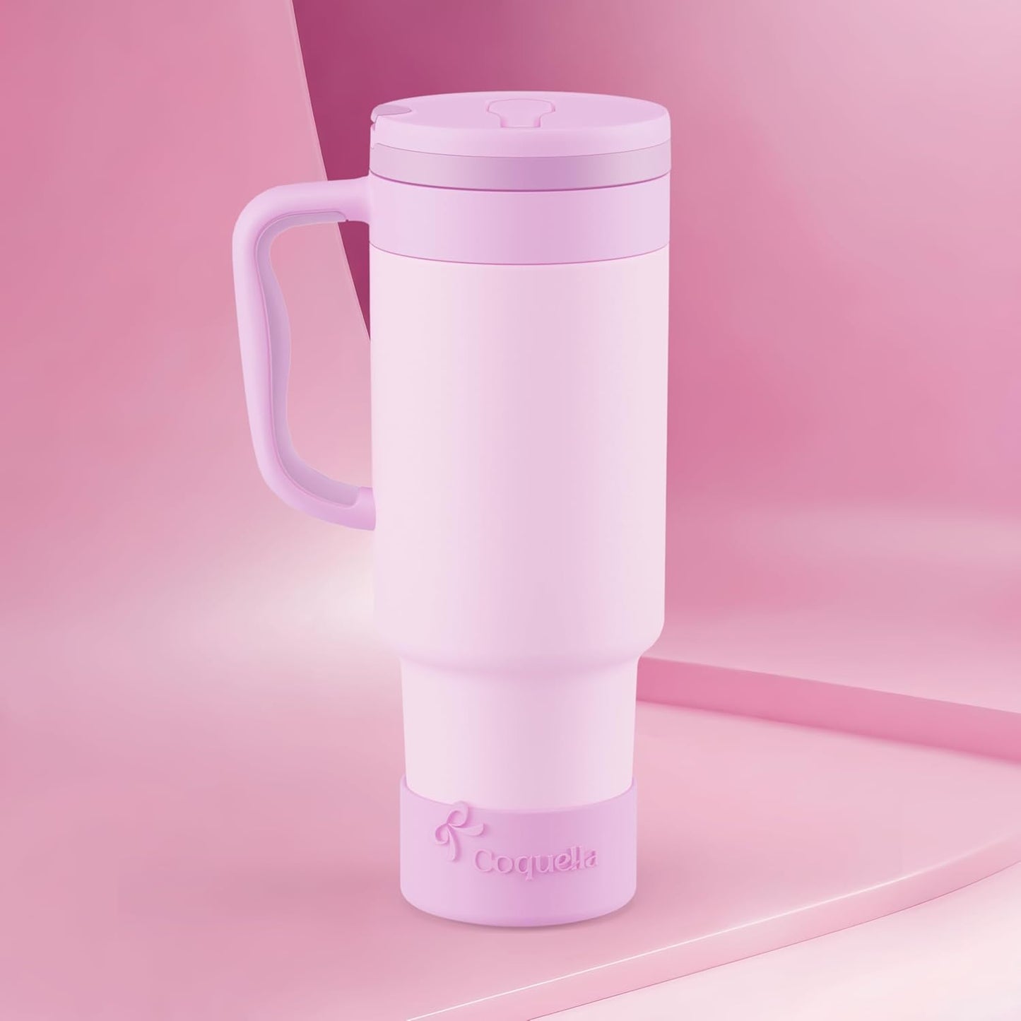 40 oz Insulated Tumbler with Handle and Push-Button Straw Lid, Stainless Steel Travel Cup for Gym Office, Leakproof, BPA-Free, Cup Holder Friendly, Bow Silicone Boot, Purple (Light Lilac)