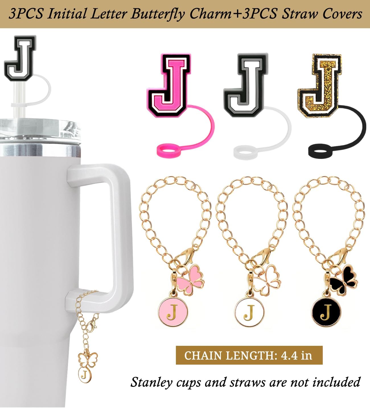 （3 +3) 3PCS Nuozme Straw Cover 10mm For Stanley Tumbler Cup Reusable Straw Cap Topper with 3 Initial Letter Charms Accessories Name ID Personalized Handle Charm For Stanley 30&40 Oz Cup Tumbler - Colors B