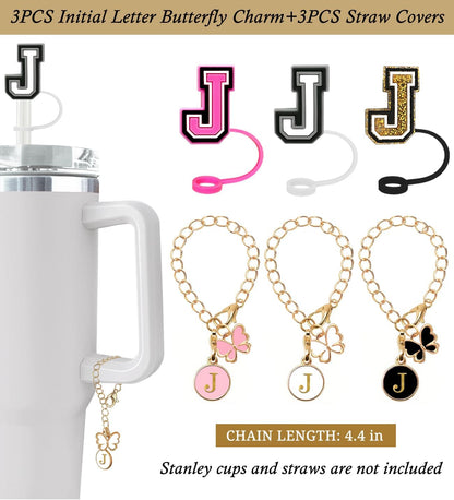 （3 +3) 3PCS Nuozme Straw Cover 10mm For Stanley Tumbler Cup Reusable Straw Cap Topper with 3 Initial Letter Charms Accessories Name ID Personalized Handle Charm For Stanley 30&40 Oz Cup Tumbler - Colors B