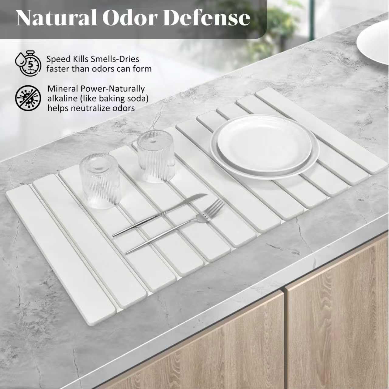 Extra Large Stone Dish Drying Mat for Kitchen Counter, Foldable Quick Dry Dish Drying Mats, Absorbent Diatomaceous Earth Stone Drying Mats for Plate Rack Bottles Cups (Gray Marble 28"×16" & 8"x4")