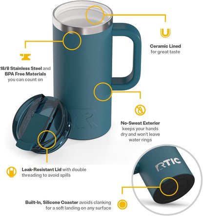 RTIC 20oz Road Trip Travel Mug with Lid and Handle, Ceramic Lined, Insulated, Stainless Steel, Metal, Double Wall Vacuum-Insulation, Portable Coffee, Tea Cup for Hot and Cold Drink, Black