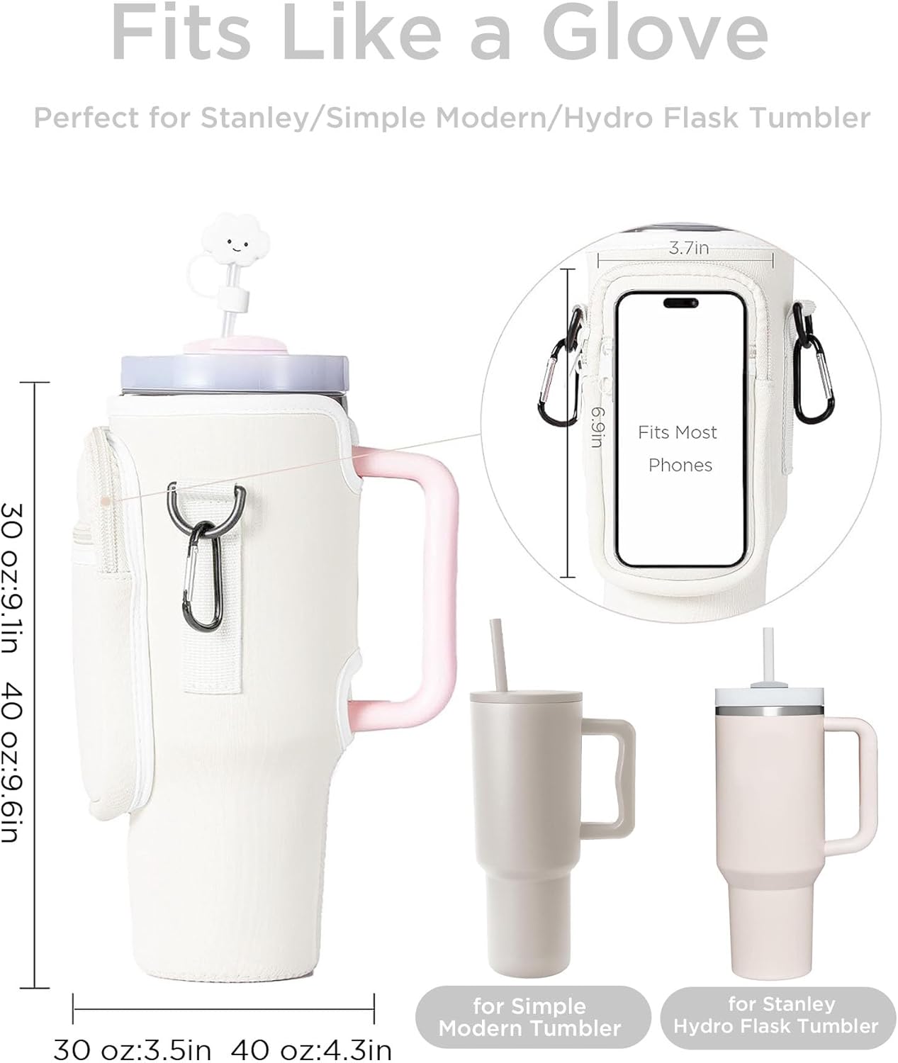 dabria Water Bottle Carrier Bag with Phone Pocket for Stanley 40/30 oz Tumbler Neoprene Water Bottle Holder Pouch with Adjustable Strap Bollus with Straw Cover for Stanley Cup Accessories