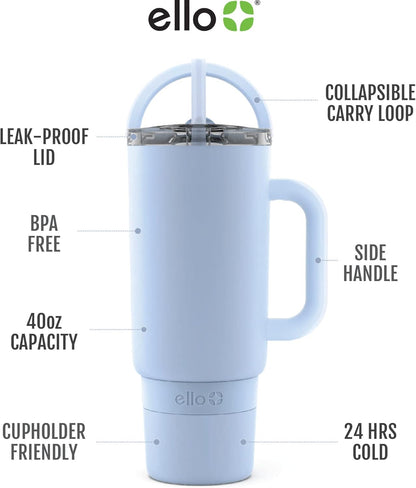 Ello Port 40oz Tumbler with Carry Loop & Integrated Handle, Vacuum Insulated Stainless Steel Reusable Water Bottle, Travel Mug with Leak Proof Lid & Straw, Perfect for Iced Coffee & Tea, White