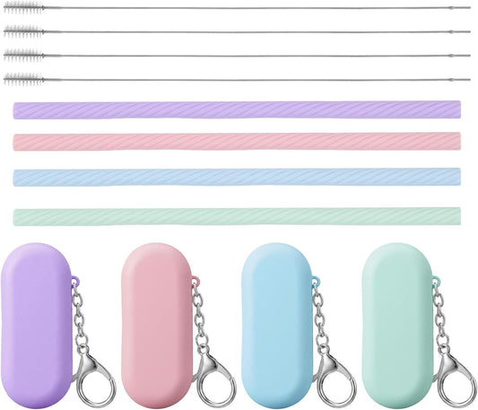 4 Set Portable Straw, Travel Straws Reusable with Case Silicone Straws Reusable for Party Travel Cold or Hot with 4 Carry Case and Cleaning Brushes (Purple,Pink,Green, Blue）