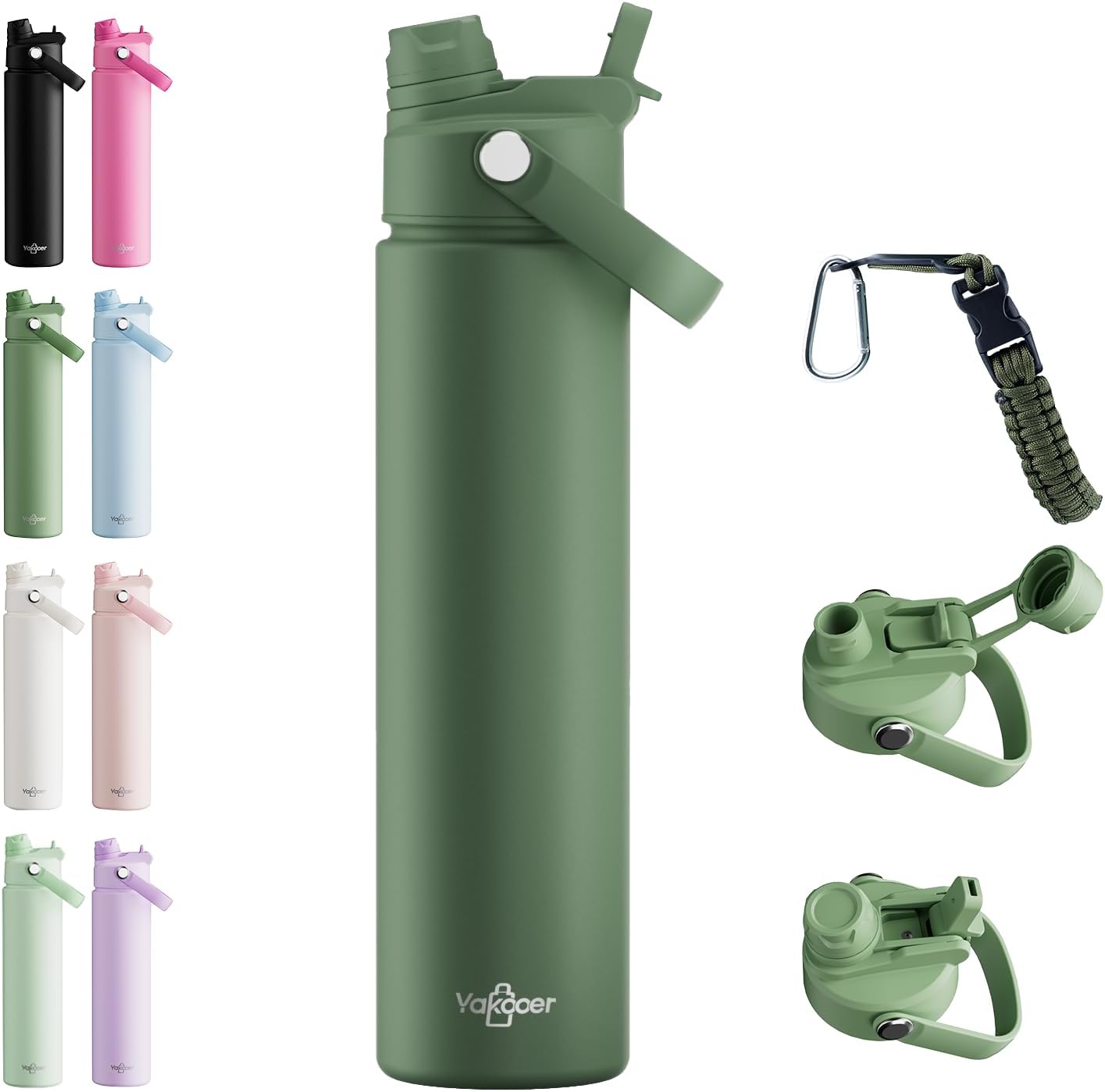 26oz Insulated Water Bottle with 2-in-1 Straw and Spout Lid, 304 Stainless Steel Water Bottle Keep Cold for 24H,Leak-Proof,Sports Water Bottle with Braided Carry Strap for Gym,Travel,Outdoors,Black