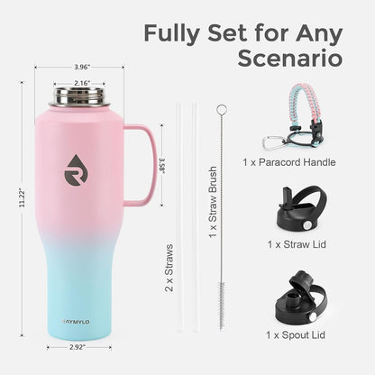 RAYMYLO 40 oz Insulated Water Bottle with Straw fit in Car Cup Holder, Triple Wall Vacuum Stainless Steel(Cold 48 hrs, Hot 24 hrs), Leakproof & Non-BPA, Hydro Travel Flask with Straw and Spout Lid