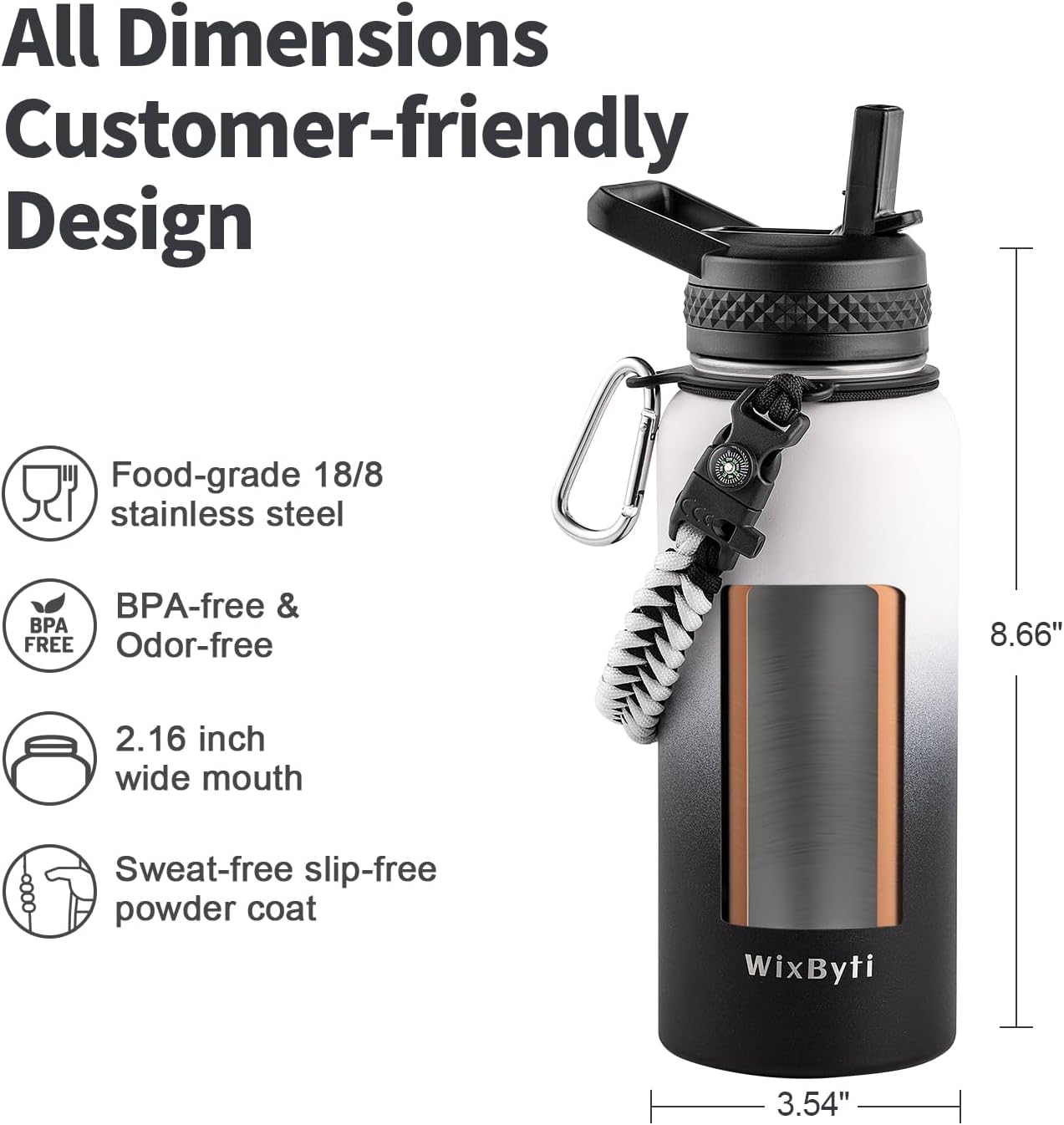 WixByti 40 oz Insulated Water Bottle with Straw (Cold for 36 Hrs), Stainless Steel Triple Wall Vacuum Sports Water Jug, Leakproof Hydro Cup Flask with Paracord Handle & Straw Spout Lids & DIY Stickers