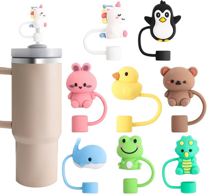 8 Pcs Animal Straw Cover Cap, Silicone Straw Topper for Stanley 30&40 Oz Tumbler Cute Straws Cap in Various Shapes, Straws Covers for 0.4 Inch/10 mm Tips Gifts for Women Girls Teens