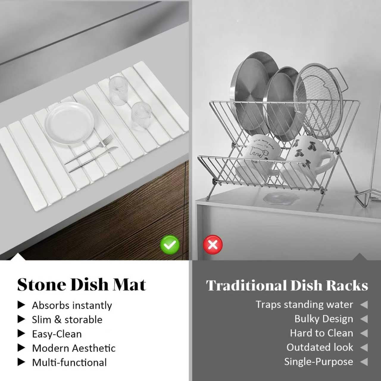 Extra Large Stone Dish Drying Mat for Kitchen Counter, Foldable Quick Dry Dish Drying Mats, Absorbent Diatomaceous Earth Stone Drying Mats for Plate Rack Bottles Cups (Gray Marble 28"×16" & 8"x4")