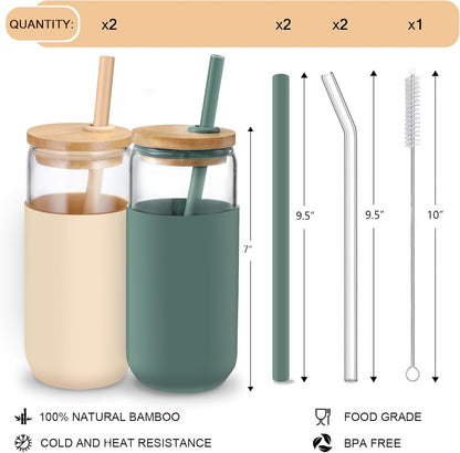 20oz Glass Water Tumbler with Silicone Protective Sleeve - Beer Shaped Glass Cups with Straw and Bamboo Lid, Iced Coffee Glasses, Cute Drinking Glasses for Water, Smoothie, Gift - Cambridge Blue