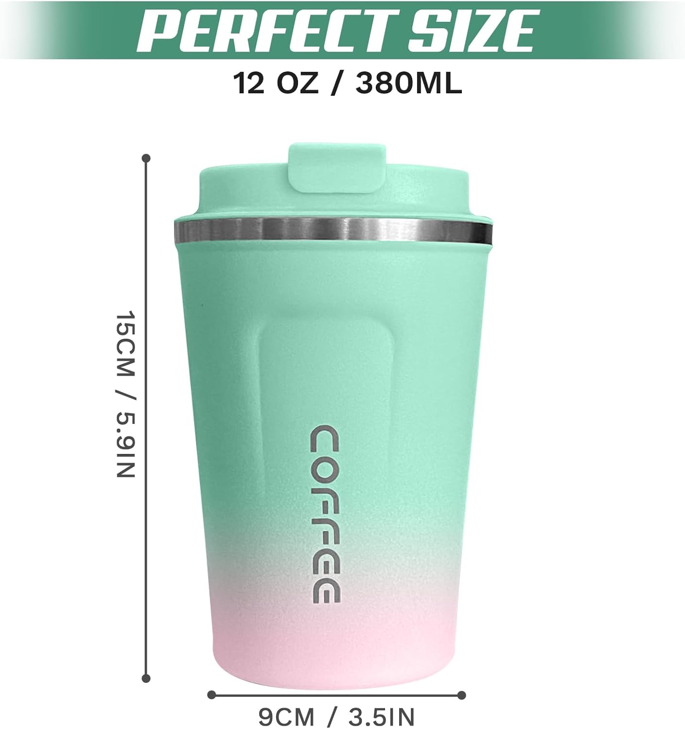 SPLMIFA Travel Coffee Mug Leak-Proof, Reusable Coffee Cups with Lids, Stainless Steel Vacuum Insulated Coffee Tumblers, Thermal Insulation Cup for Men and Women Hot & Cold Drinks(2nd-Green Pink, 12OZ)