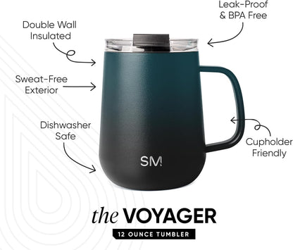 Simple Modern Voyager Signature Mug | Travel Coffee Tumbler with 360° Lid and Handle | Ceramic-Lined Insulated Stainless Steel Iced Cold Brew Cup | 12oz, Blue Dune