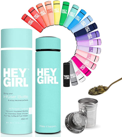 Hey Girl Tea Infuser Bottle 450ml - Insulated Stainless Steel Water Bottle - Tea Tumbler with Tea Diffuser - Portable Travel Mug for Loose Leaf Tea & Infused Water - Tea Lovers Gifts for Women (Pink)