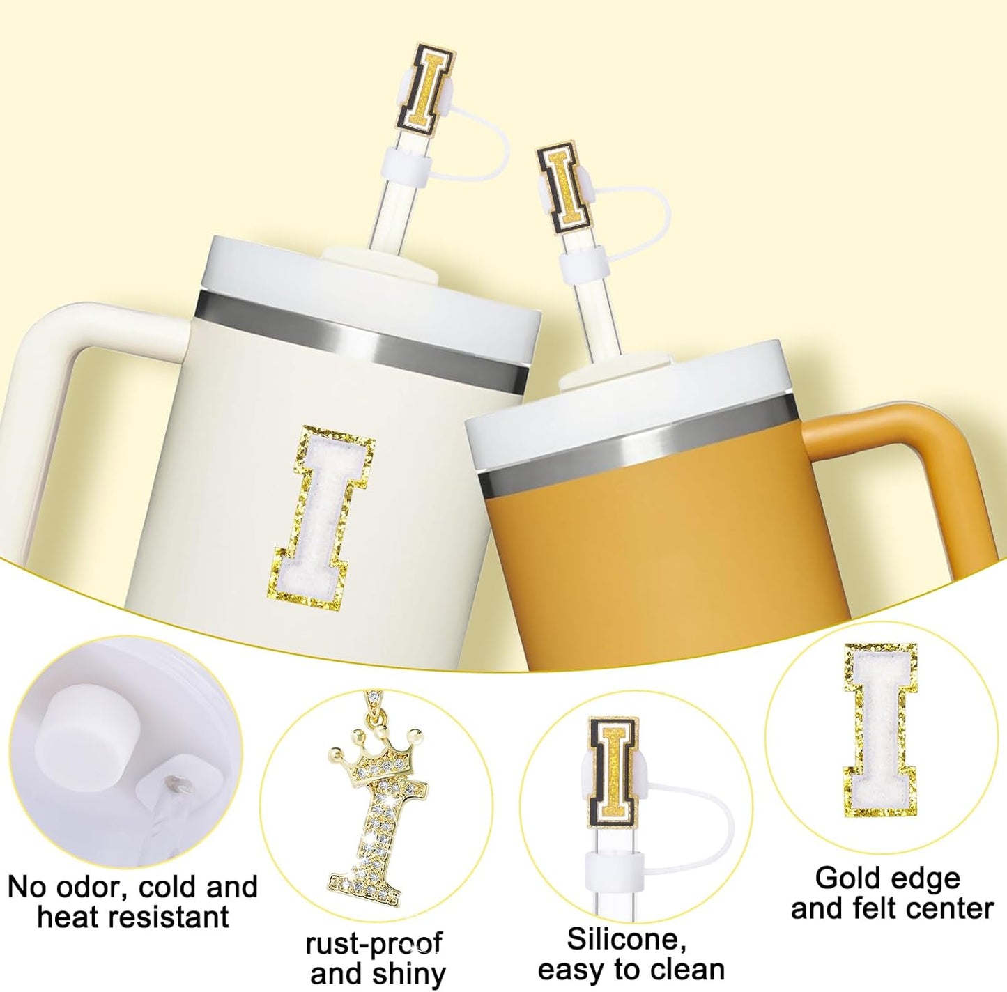 Mity Rain 6pc Cup Accessories Set for Stanley 30 oz & 40 oz Tumbler with Handle, Including Straw Cover Cap, Cup Initials Charm, Silicone Boot, Round & Square Spill Proof Stopper