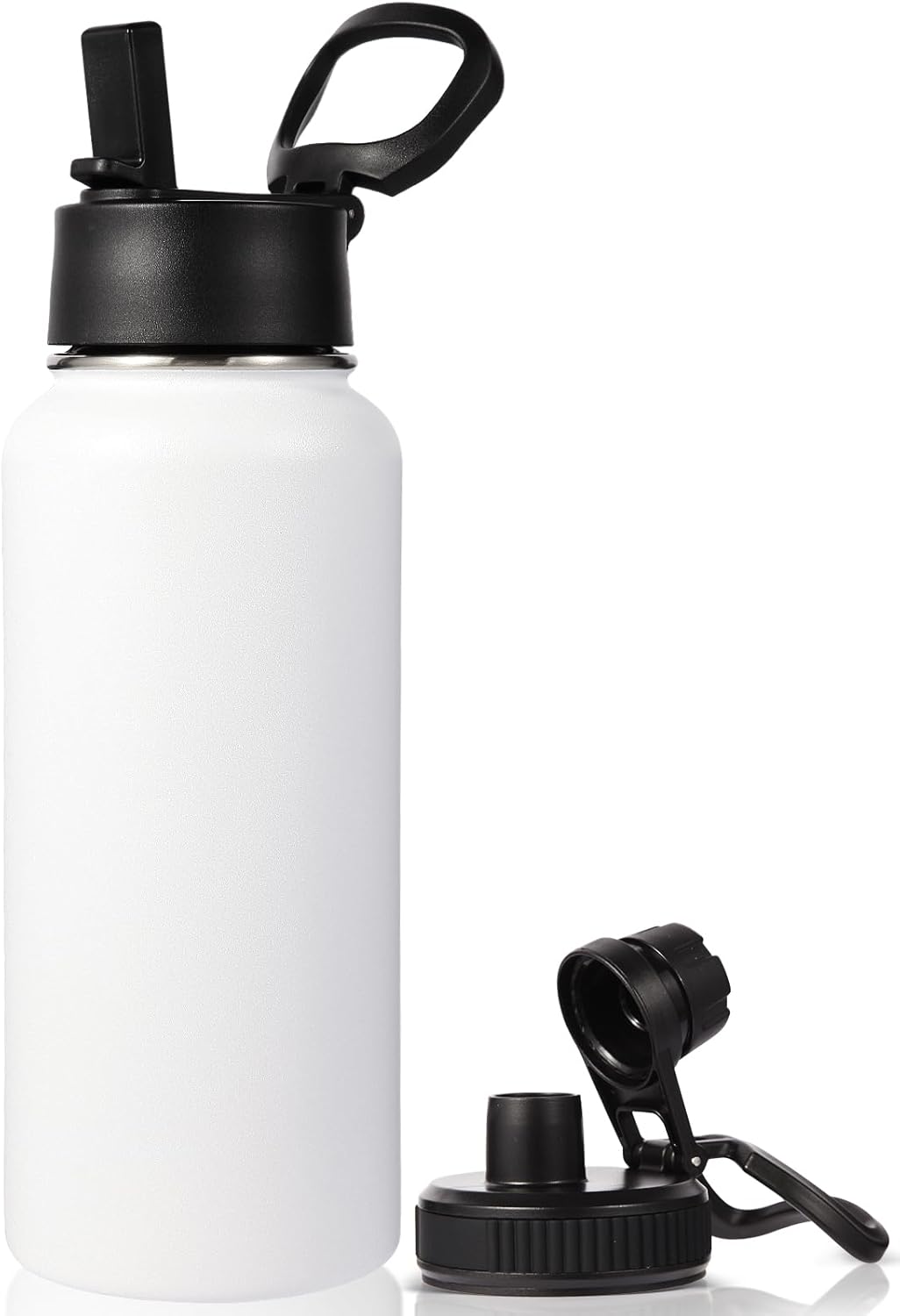 Neihepal 32 oz Insulated Water Bottle with 2 Lids (Straw & Spout Lid), 18/8 Stainless Steel Double Wall Water Bottles for Gym, Travel, Camping, Sports (Silver,1 Pack)