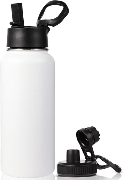Neihepal 32 oz Insulated Water Bottle with 2 Lids (Straw & Spout Lid), 18/8 Stainless Steel Double Wall Water Bottles for Gym, Travel, Camping, Sports (Silver,1 Pack)