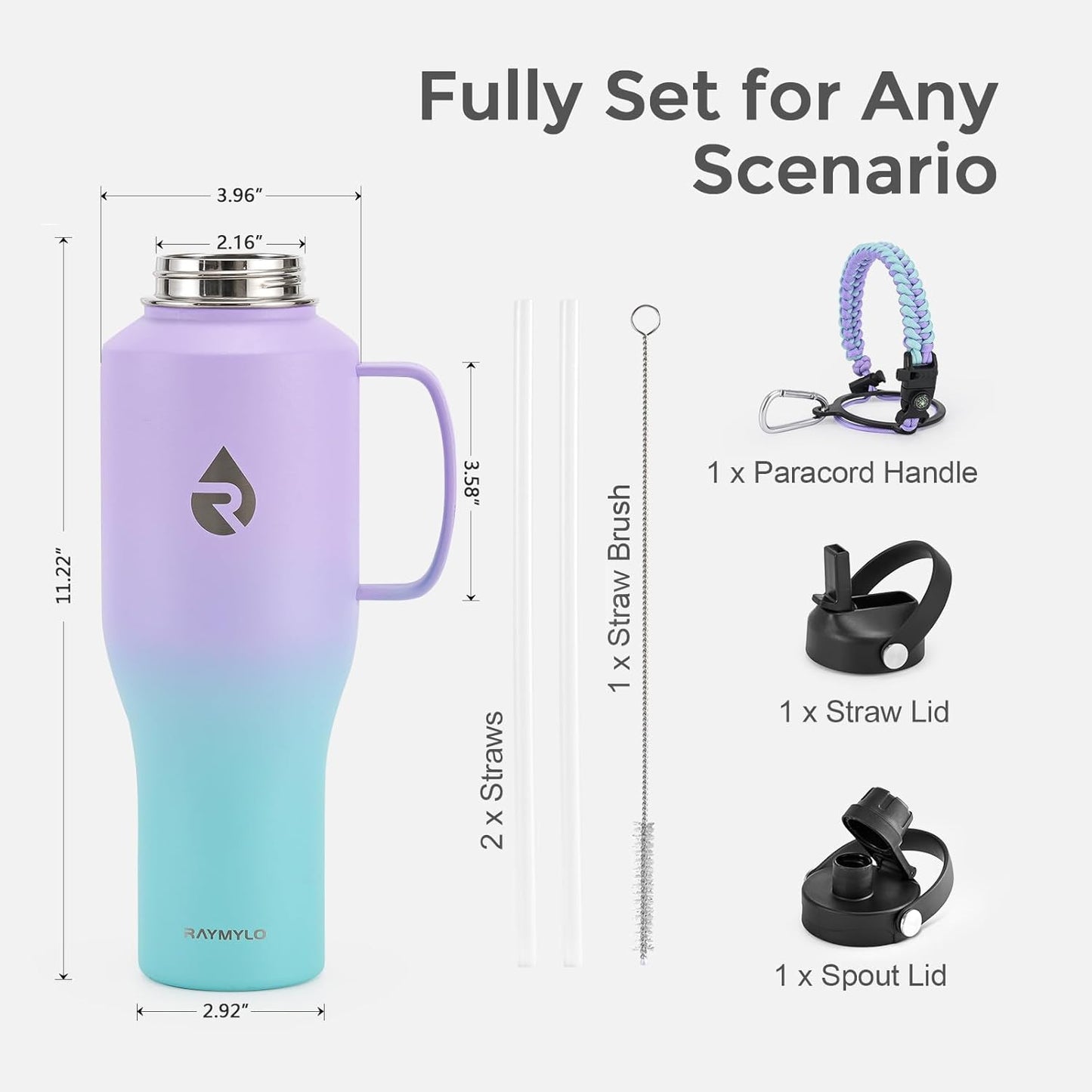 RAYMYLO 40 oz Insulated Water Bottle with Straw fit in Car Cup Holder, Triple Wall Vacuum Stainless Steel(Cold 48 hrs, Hot 24 hrs), Leakproof & Non-BPA, Hydro Travel Flask with Straw and Spout Lid