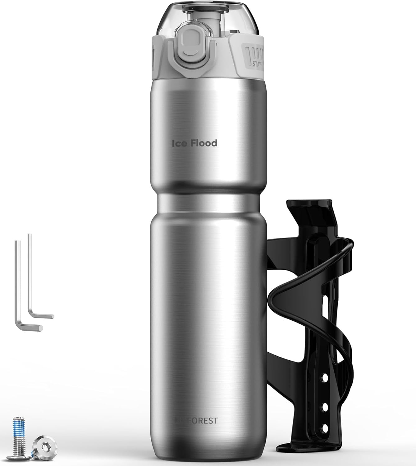 MYFOREST 24oz/700ml Insulated Bike Water Bottle, Odor-Free Surgical Steel Liner, Stronger Grip for Rough Trails, Quick-Open Chug/Straw 2-in-1, Dirt Cap (Glossy Steel)