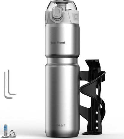 MYFOREST 24oz/700ml Insulated Bike Water Bottle, Odor-Free Surgical Steel Liner, Stronger Grip for Rough Trails, Quick-Open Chug/Straw 2-in-1, Dirt Cap (Glossy Steel)