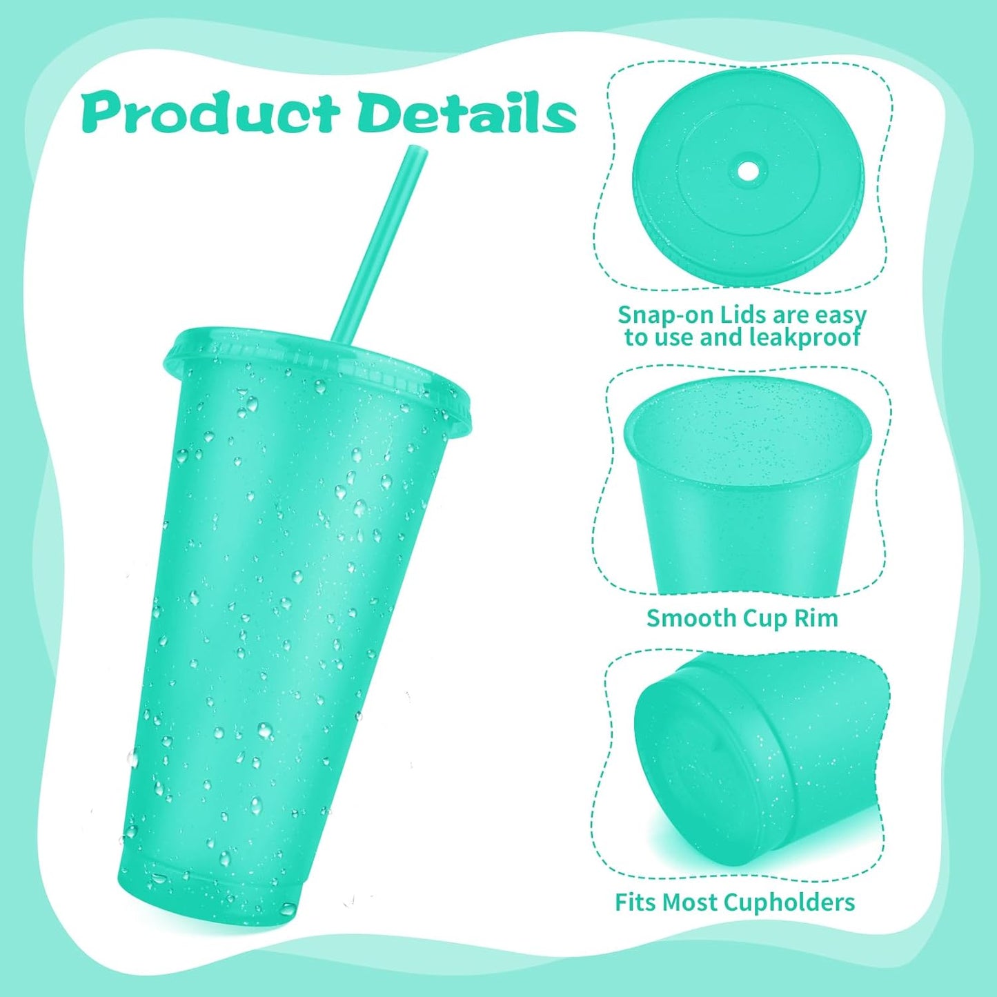 Hxezoc 16-Piece Reusable Cups with Lids and Straws, 24 oz Glitter Plastic Tumbler Iced Coffee Cups Travel Mug Cup for Smoothie Juices Beach or Bachelor Party (Black)