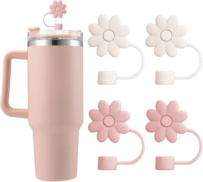 Flower Straw Covers Toppers for Stanley Cups 30&40 Oz Tumbler with Handle Accessories 4PCS Silicone Straw Caps Reusable Straws Tips Protectors for Stanley Cup 10mm 0.4in Straws,Off White