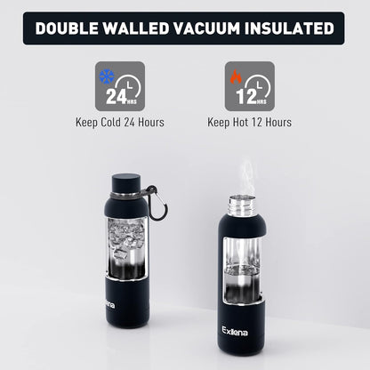 Exllena Slim Insulated Water Bottles for Travel 18oz with Clip, Double Wall Vacuum Stainless Steel Water Bottle Keeps Drinks Cold 24 Hrs/Hot 12 Hrs, 100% Leakproof, BPA Free(Black)