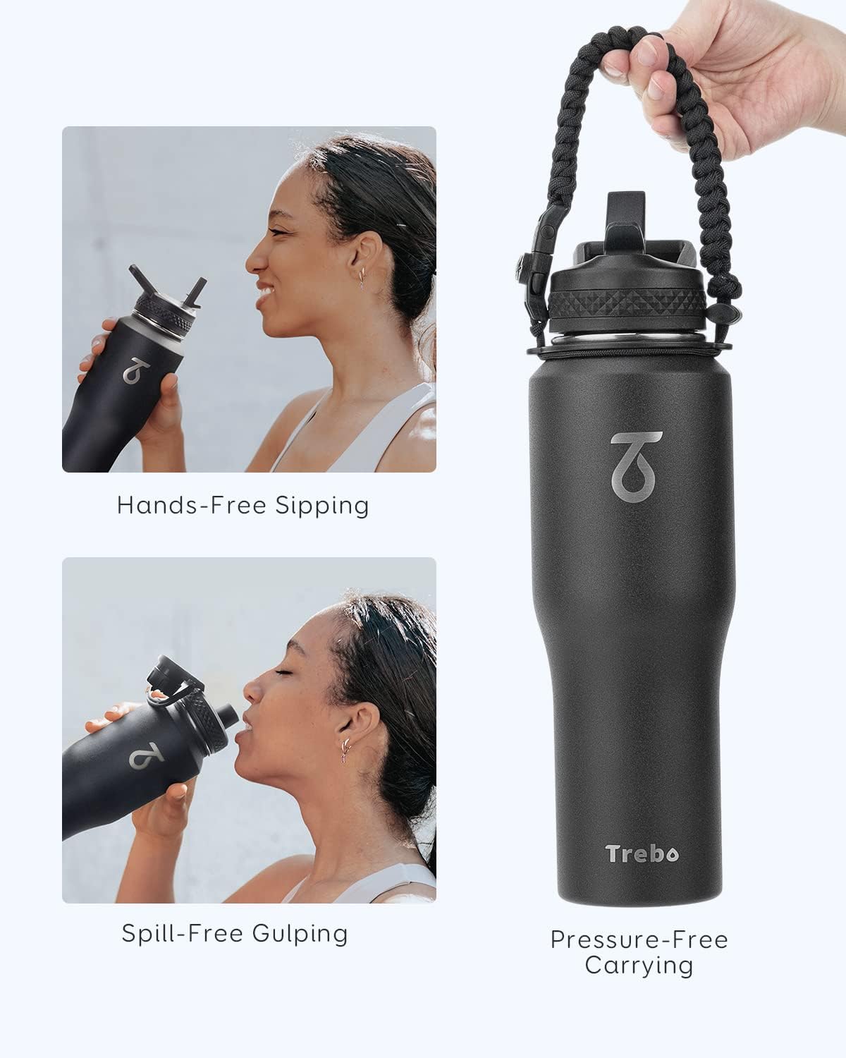 Trebo 40 oz Water Bottle Insulated Fit Car Cup Holder with Handle, Stainless Steel Water Bottles Tumbler with Spout Straw Lids, Double Wall Travel Reusable Flask, Leakproof Mug,Keep Cold &Hot,Black
