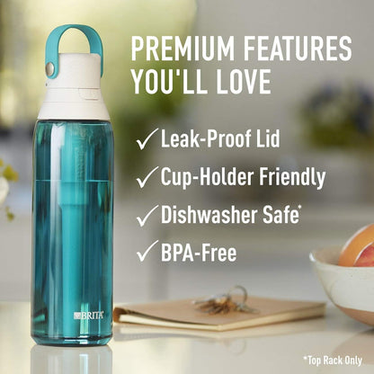 Brita Hard-Sided Plastic Premium Filtering Water Bottle, BPA-Free, Reusable, Replaces 300 Plastic Water Bottles, Filter Lasts 2 Months or 40 Gallons, Includes 1 Filter, Sea Glass - 26 oz.