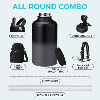 32/40/64OZ Insulated Water Bottle - Keep Cold 48H Hot 24H, Combo Straw/Spout Lids, Paracord Handle for Gym/Hiking, Carrier Bag +Strap, Cup Mat, BPA-Free Stainless Steel Flask Jug