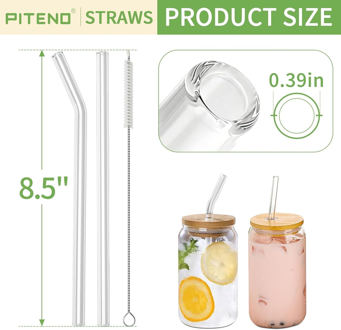 Piteno® 12Pcs Glass Straws with 4Pcs Brushes, Reusable Clear Glass Drinking Straws, 8.5''x10MM, Set of 6 Straight and 6 Bent with 4 Cleaning Brushes, Perfect for Smoothies, Milkshakes, Juice, Tea