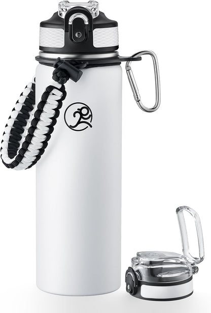 GOSWAG Insulated Sports Water Bottle, 24oz 2 Lids(with Straw/No Straw), Stainless Steel Water Bottles with Paracord Handle, Insulated Bottle with Double-Wall Vacuum Insulation