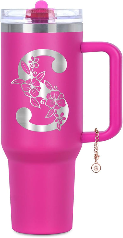 Personalized 40 oz Monogrammed Tumbler with Handle and Flip Straw Lid, 100% Leak Proof stainless steel Insulated Tumbler, Customized Initial Funny Gifts for Women Mom Sisters Coworker, A