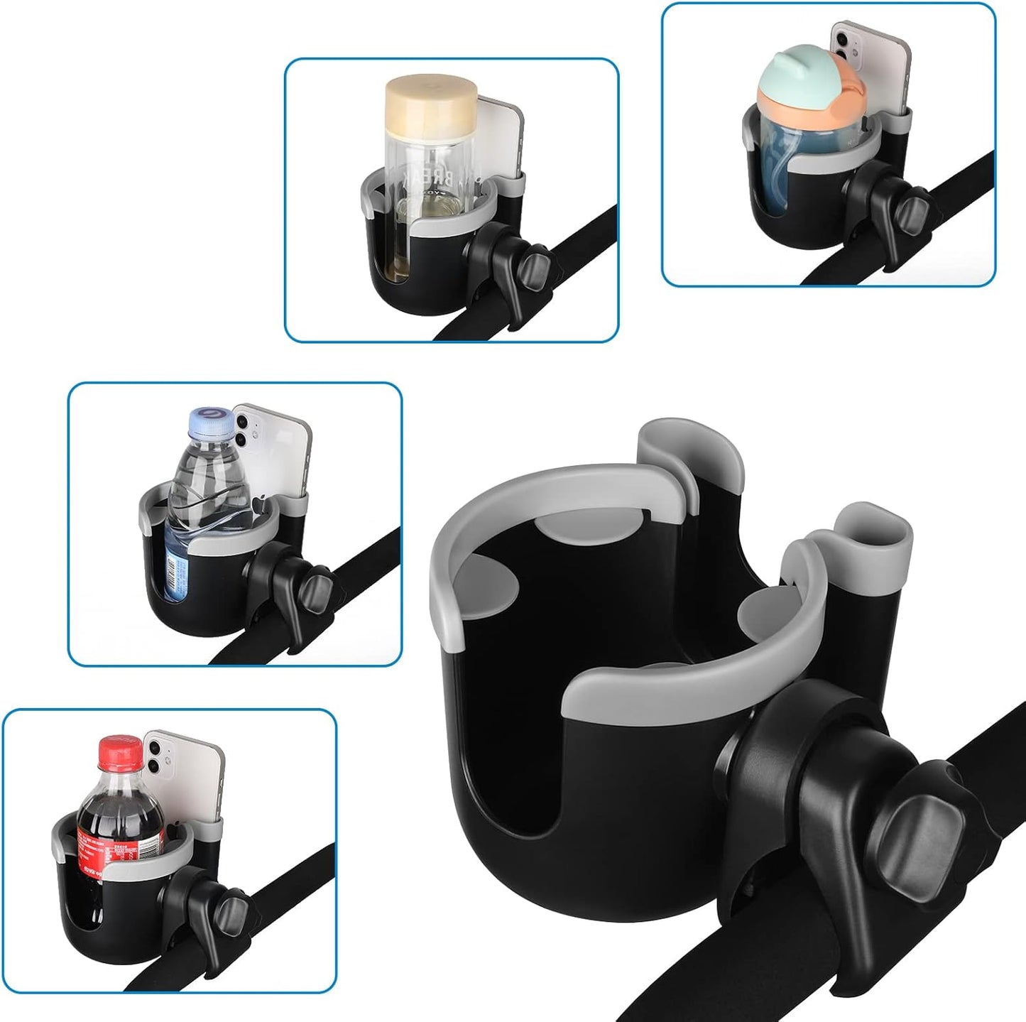 Accmor Stroller Cup Holder with Phone Holder, Bike Cup Holder, Universal Cup Holder for Uppababy Nuna Doona Strollers, 2-in-1 Cup Holder for Walker, Wheelchair, Scooter - Colors A