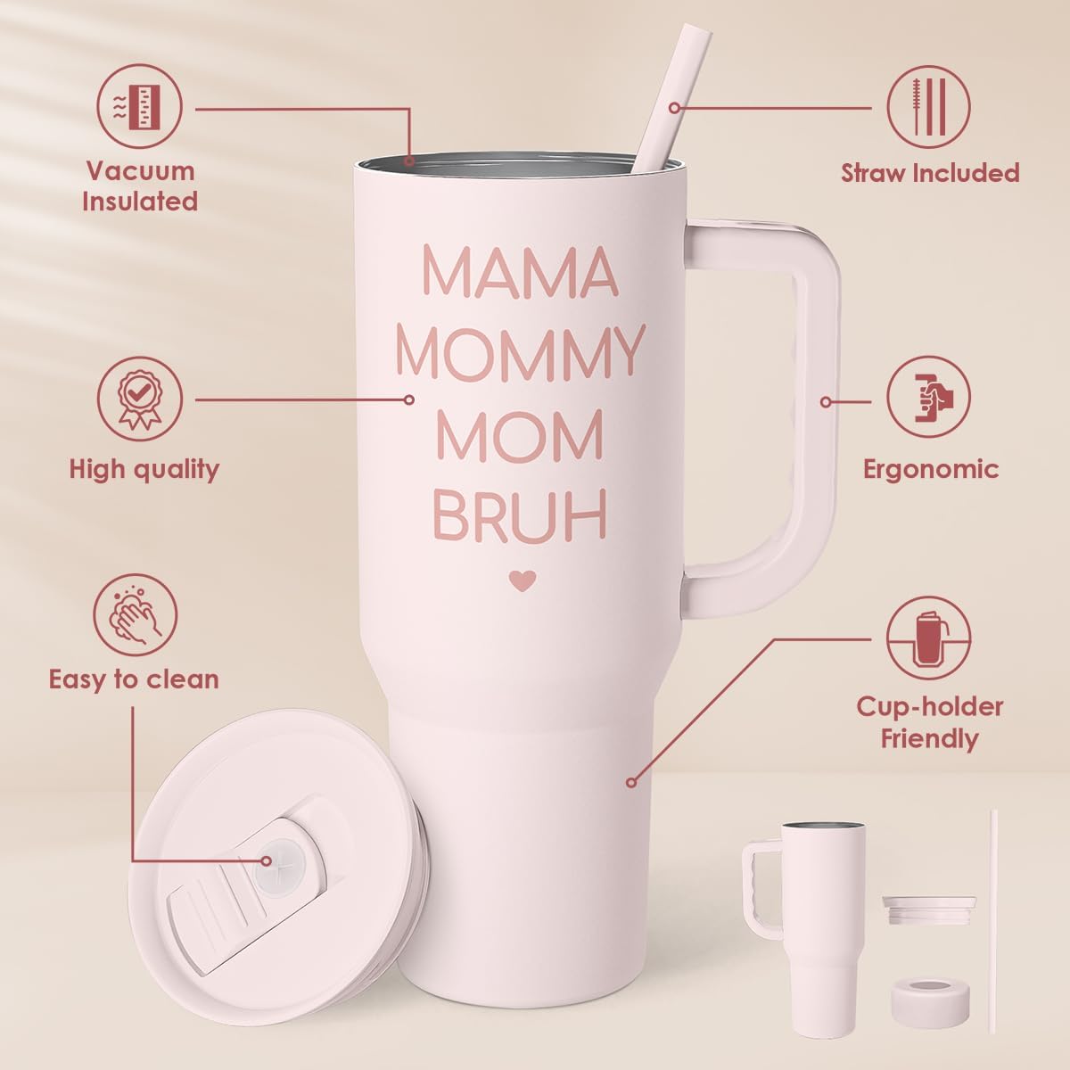 Floral Tumbler with Handle 40oz, Stainless Steel Insulated Tumblers Coffee Travel Mug Cup with Straw, Flower Coffee Cup Gifts for Women Girls, Gift for Her on Christmas Birthday Mothers Day