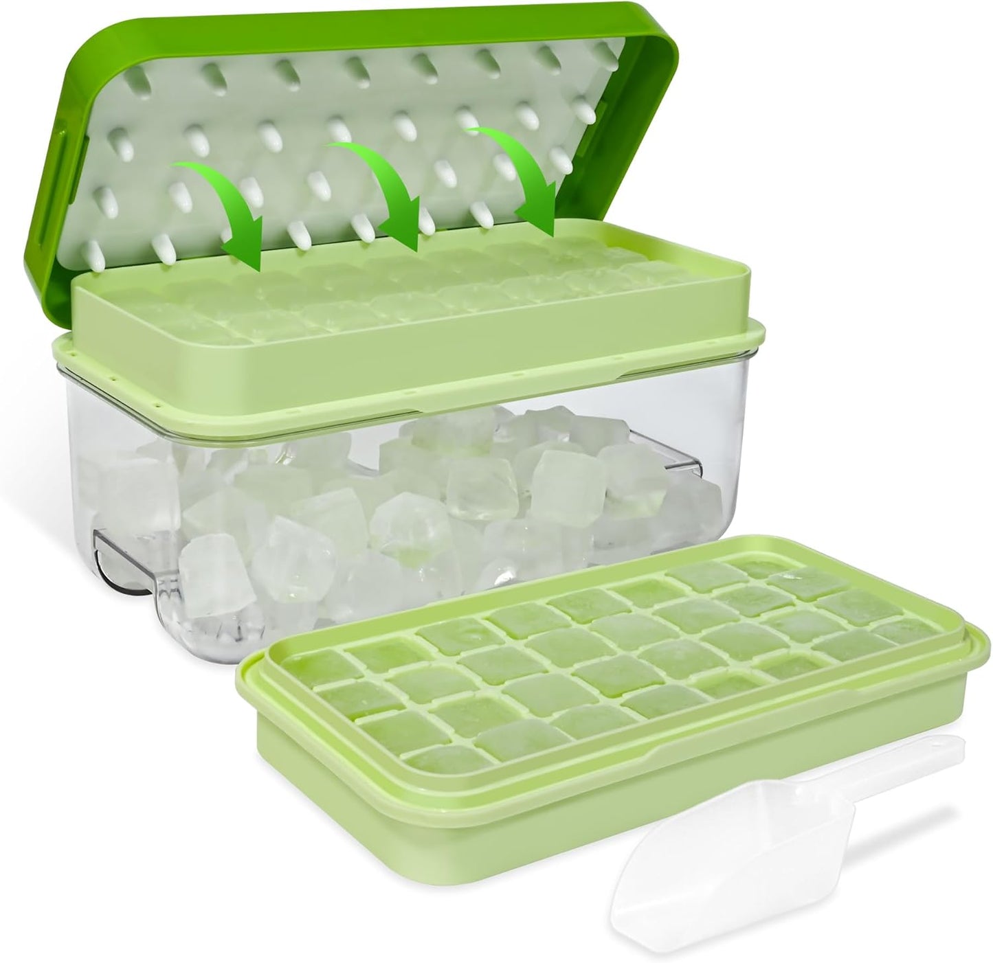 Ice Trays for Freezer with Lid & Bin, Ice Cube Tray Making 64 pcs Ice Cubes, Easy Press to Release Ice, Ice Tray with Storage Bin Chilling Cocktail Whiskey Coffee 2 Trays 1 Ice Bucket & Scoop (Black)