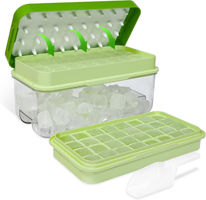 Ice Trays for Freezer with Lid & Bin, Ice Cube Tray Making 64 pcs Ice Cubes, Easy Press to Release Ice, Ice Tray with Storage Bin Chilling Cocktail Whiskey Coffee 2 Trays 1 Ice Bucket & Scoop (Black)