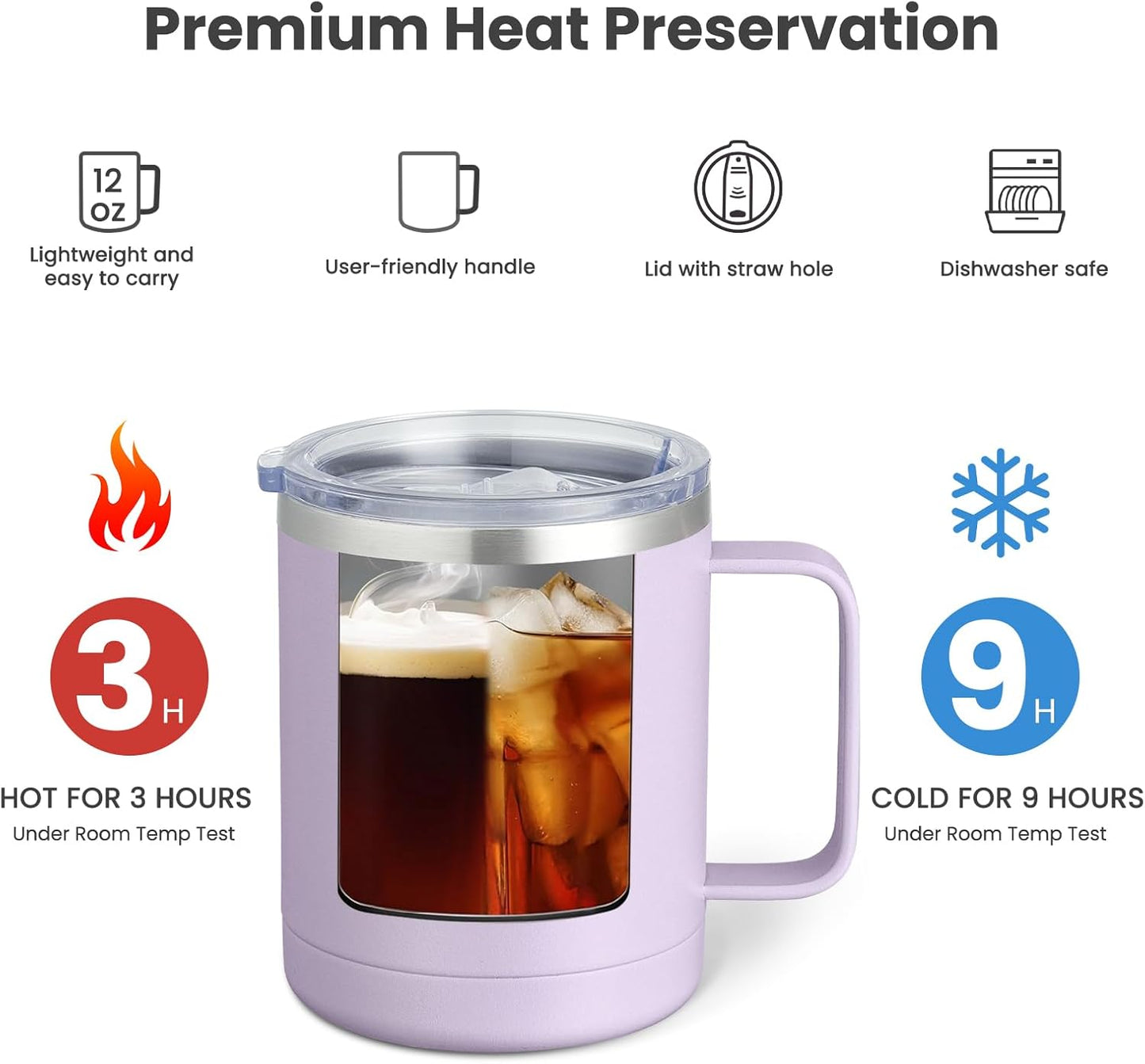 MEWAY 12oz Coffee Mug With Handle and Sliding Lid,Stainless Steel Travel Tumbler Cup with Handle,Double Wall Vacuum Insulated Camping Cup for Hot & Cold Drinks Tea (Black,Set of 1
