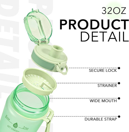 32oz Water Bottle with Time Marker, Motivational Drinking Bottle with Strap, BPA-Free Leak-Proof, Encouraging Water Bottle Time to Drink Water for Gym School Office Travel