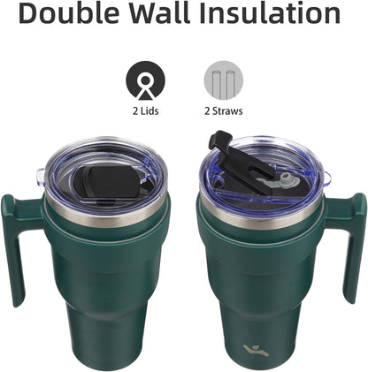 Konokyo 20 oz Tumbler with Handle and 2 Straw 2 Lid, Insulated Water Bottle Stainless Steel Vacuum Cup Reusable Travel Mug,Black