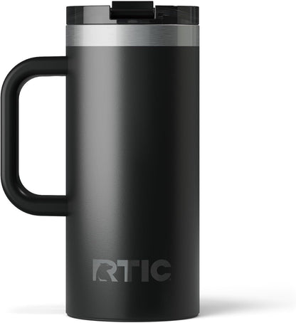 RTIC 20oz Road Trip Travel Mug with Lid and Handle, Ceramic Lined, Insulated, Stainless Steel, Metal, Double Wall Vacuum-Insulation, Portable Coffee, Tea Cup for Hot and Cold Drink, Black