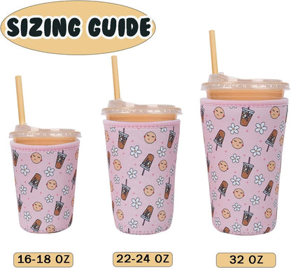 Reusable Insulated Neoprene Iced Coffee Cup Sleeve, Durable Drink Sleeve for Cold Beverages, Beverage Holder for Iced Coffee, Floral Checkers