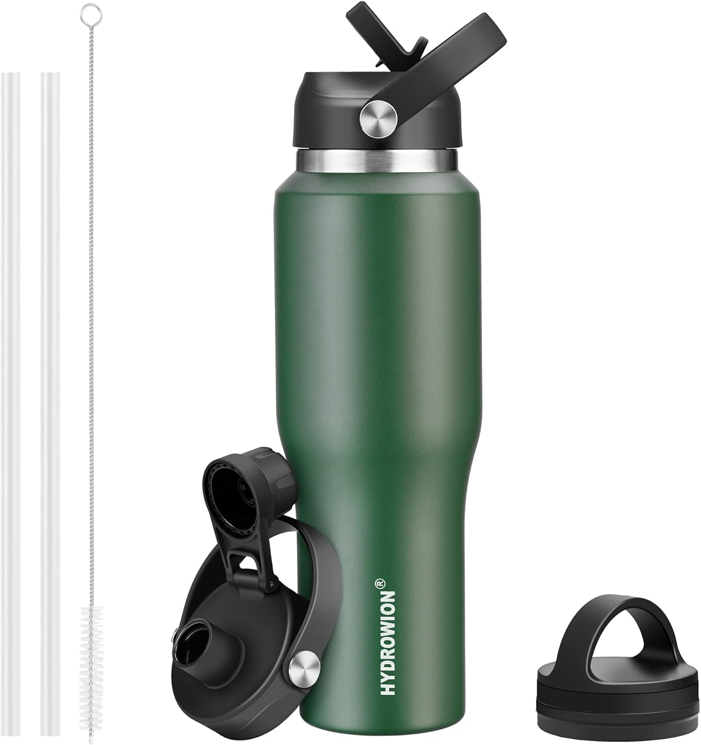 HYDROWION 32oz Stainless Steel Water Bottle(Cold for 48 Hrs, Hot for 24 Hrs),Double Wall Vacuum Insulated Water Bottle with Straw Lid, Spout Lid and Flex Cap, Fit in Any Car Cup Holder,Black