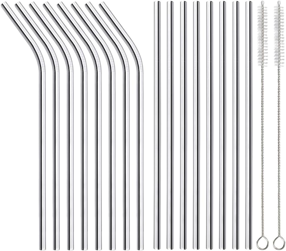 ANNVCHI 16 Pack of Reusable Stainless Steel Metal Straws, 8 Straight + 8 Bent 8.5 inch Metal Straws with 2 Cleaning Brushes, Straw Compatible with 20oz Stanley Cup