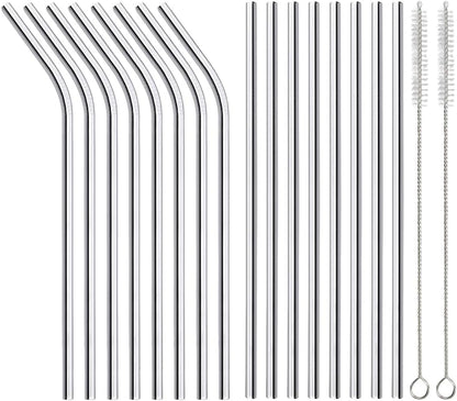 ANNVCHI 16 Pack of Reusable Stainless Steel Metal Straws, 8 Straight + 8 Bent 8.5 inch Metal Straws with 2 Cleaning Brushes, Straw Compatible with 20oz Stanley Cup