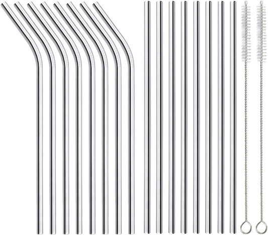 ANNVCHI 16 Pack of Reusable Stainless Steel Metal Straws, 8 Straight + 8 Bent 8.5 inch Metal Straws with 2 Cleaning Brushes, Straw Compatible with 20oz Stanley Cup