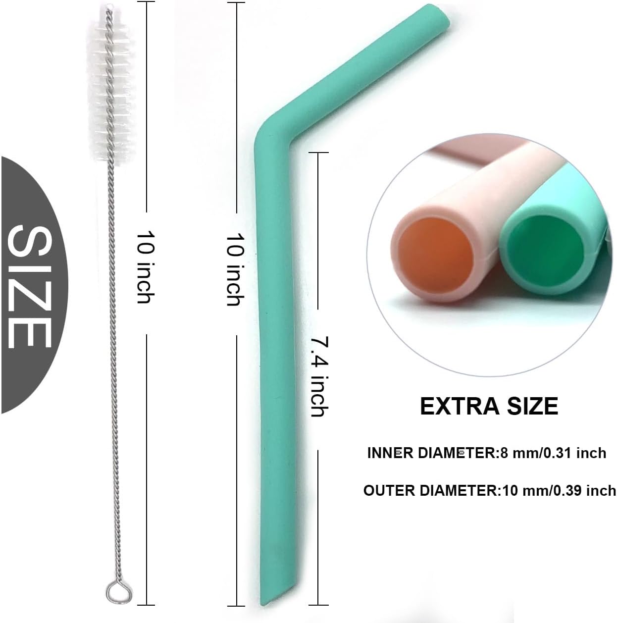 Senneny Set of 6 Silicone Drinking Straws for 30oz and 20oz - Reusable Silicone Straws BPA Free Extra Long with Cleaning Brushes- 6 Bent- 8mm diameter