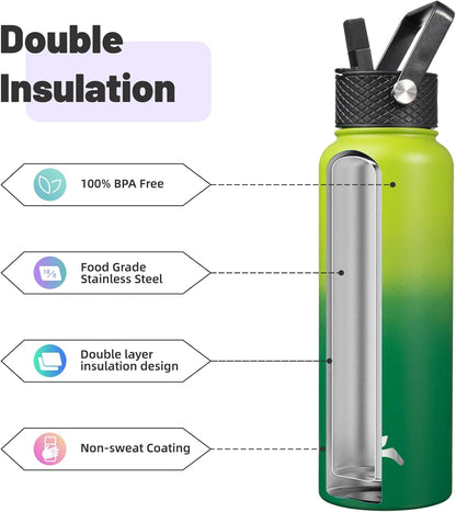 Konokyo 22oz Stainless Steel Bottles with 3 Lids Sport Insulated Water Bottle,Mint